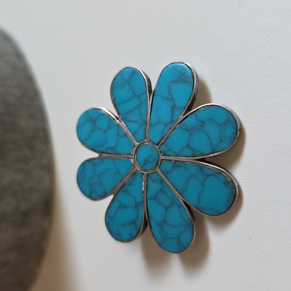Turquoise Sterling Vintage Flower Silver Pendant and Brooch - Picture 3 of 7